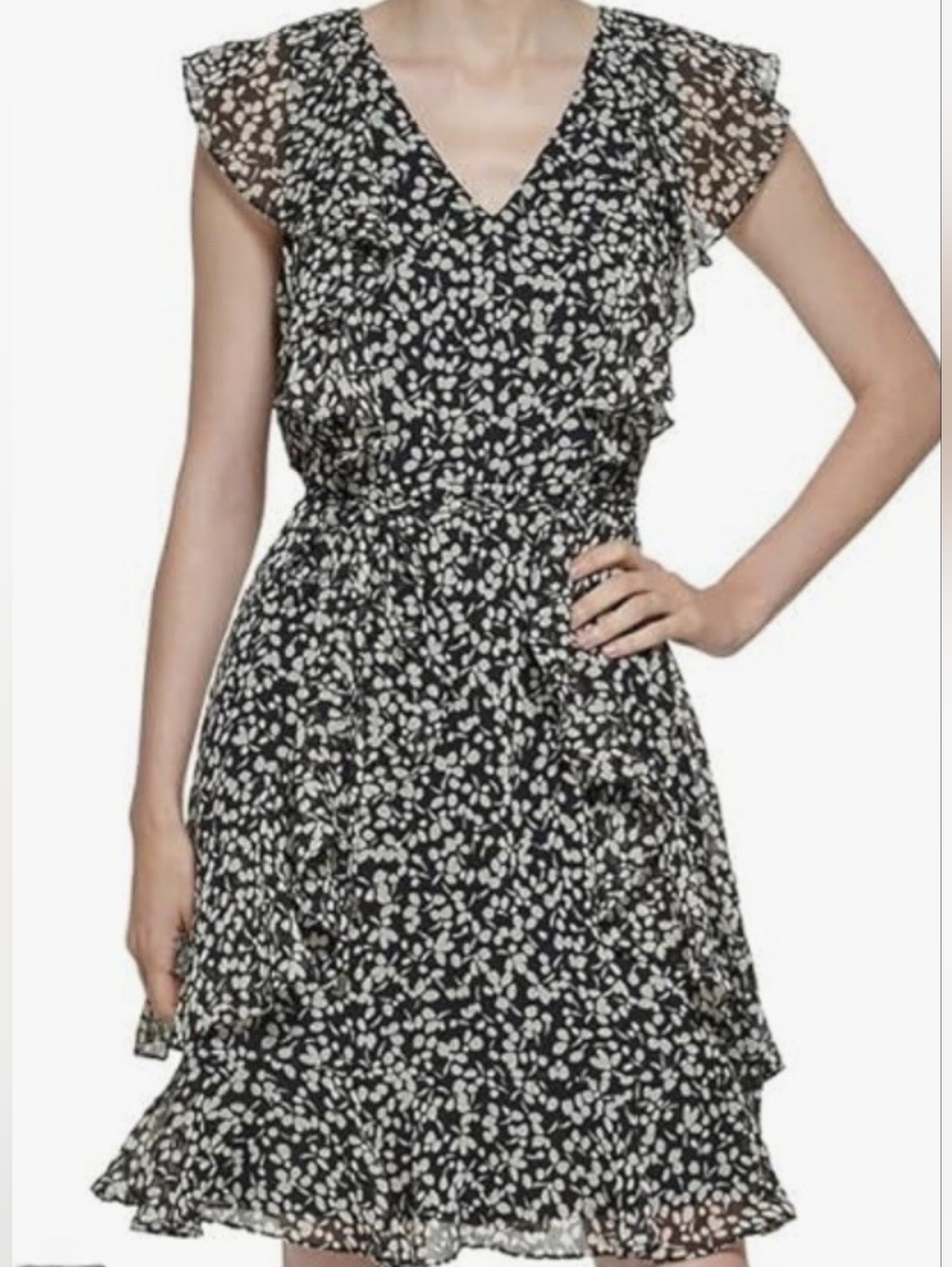 Tommy Hilfiger fit and flare chiffon dress black and tan floral pattern Womens 8